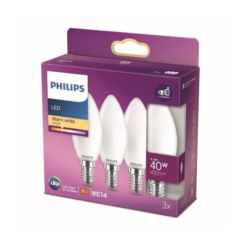 Ampoules LED PHILIPS - Pack de 3 - E27 40W - Blanc chaud - Classe F Ampoules LED PHILIPS - Pack de 3 - E27 40W - Blanc chaud - Classe F