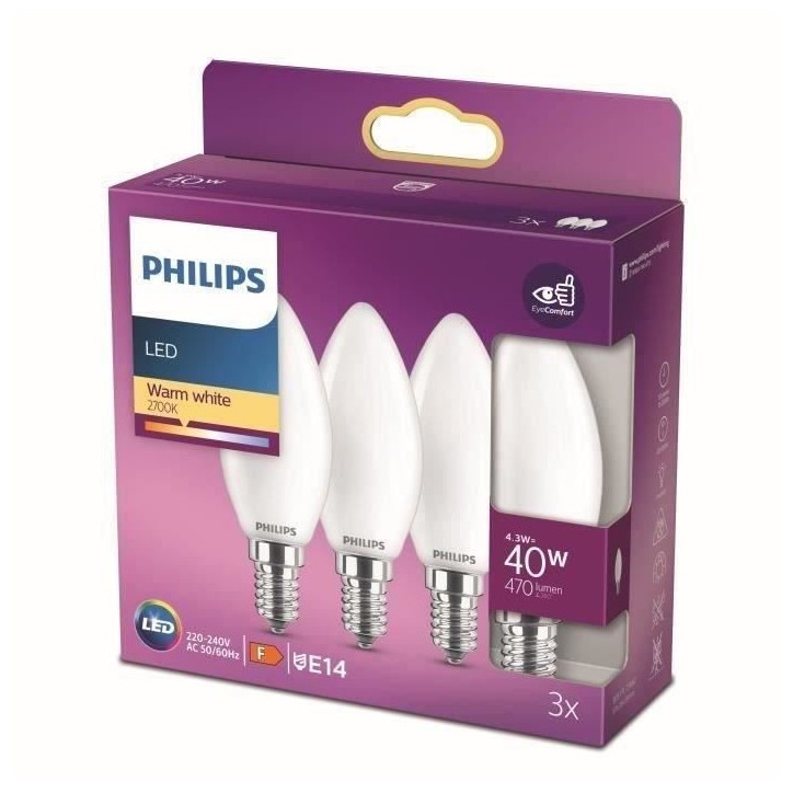 Ampoules LED PHILIPS - Pack de 3 - E27 40W - Blanc chaud - Classe F Ampoules LED PHILIPS - Pack de 3 - E27 40W - Blanc chaud - Classe F