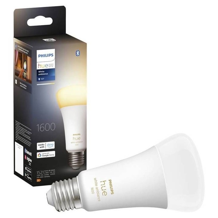 Philips Hue White Ambiance, ampoule LED connectée E27, Equivalent 100W, 1600 lumen, compatible Bluetooth Philips Hue White Ambiance, ampoule LED connectée E27, Equivalent 100W, 1600 lumen, compatible Bluetooth