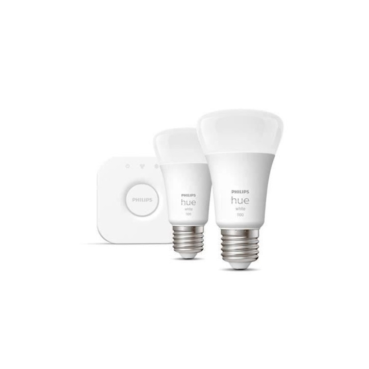 Ampoules connectées Philips Hue Kit de démarrage ampoule connectée White 9.5 Watt E27 x2 + Philips Hue Bridge Ampoules connectées Philips Hue Kit de démarrage ampoule connectée White 9.5 Watt E27 x2 + Philips Hue Bridge