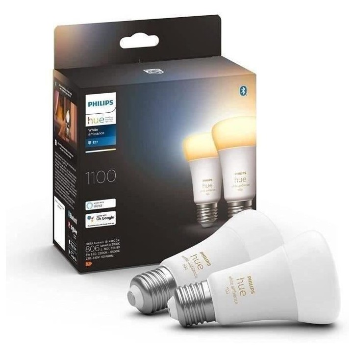 Philips Hue White Ambiance, ampoule LED connectée E27 équivalent 75W, 1100 lumen, compatible Bluetooth, pack de 2 Philips Hue White Ambiance, ampoule LED connectée E27 équivalent 75W, 1100 lumen, compatible Bluetooth, pack de 2