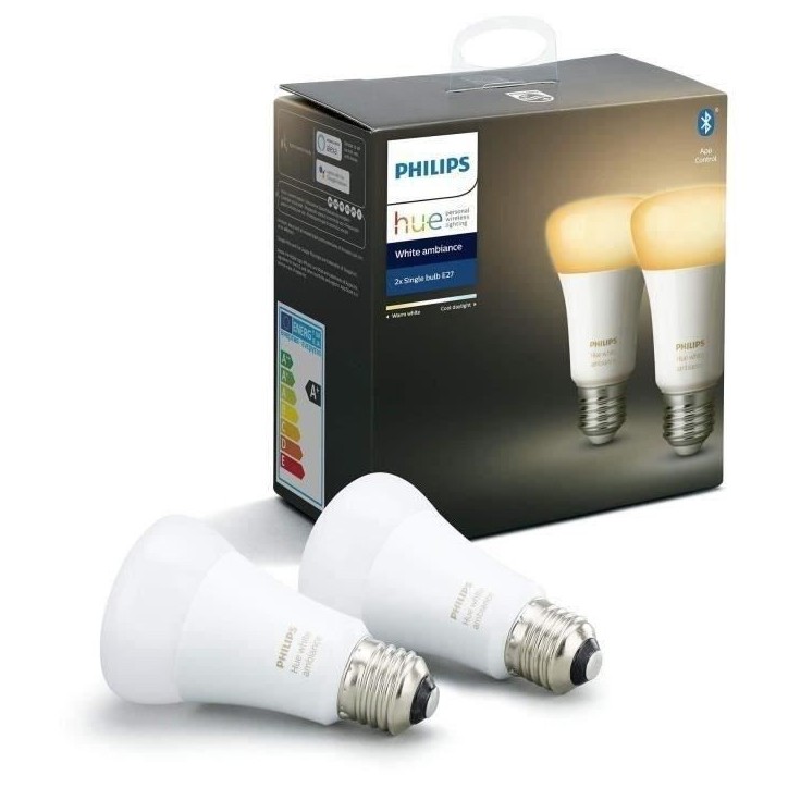 Philips Hue White Ambiance, ampoule LED connectée E27 équivalent 75W, 1100 lumen, compatible Bluetooth, pack de 2 Philips Hue White Ambiance, ampoule LED connectée E27 équivalent 75W, 1100 lumen, compatible Bluetooth, pack de 2