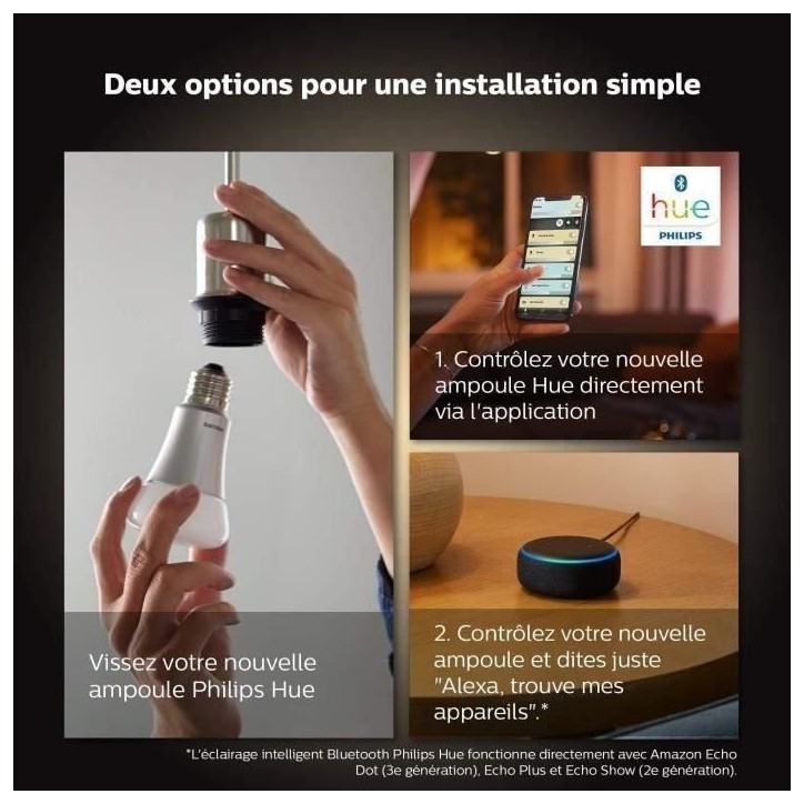 Philips Hue White Ambiance, ampoule LED connectée E27 équivalent 75W, 1100 lumen, compatible Bluetooth, pack de 2 Philips Hue White Ambiance, ampoule LED connectée E27 équivalent 75W, 1100 lumen, compatible Bluetooth, pack de 2