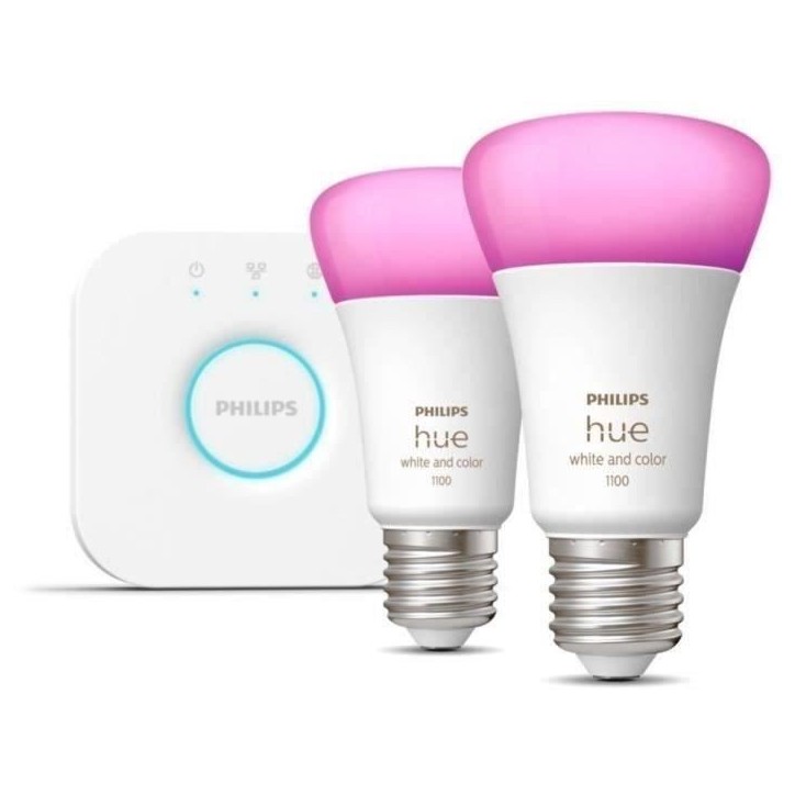 Philips Hue White and Color Ambiance, Kit de démarrage 2 ampoules E27, 75W, Bluetooth, fonctionne avec Alexa, Google et Homekit Philips Hue White and Color Ambiance, Kit de démarrage 2 ampoules E27, 75W, Bluetooth, fonctionne avec Alexa, Google et Homekit