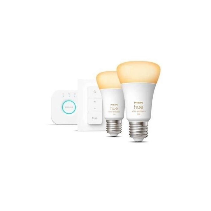Philips Hue - Kit démarrage ampoule LED connectée White - 10,5W - Lot 2 E27 - Télécommande Hue Philips Hue - Kit démarrage ampoule LED connectée White - 10,5W - Lot 2 E27 - Télécommande Hue