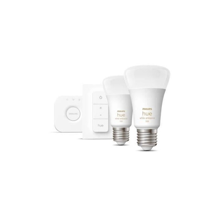 Philips Hue - Kit démarrage ampoule LED connectée White - 10,5W - Lot 2 E27 - Télécommande Hue Philips Hue - Kit démarrage ampoule LED connectée White - 10,5W - Lot 2 E27 - Télécommande Hue