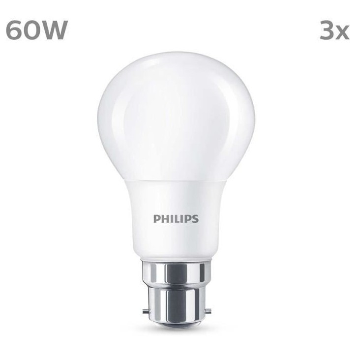 Ampoule LED - PHILIPS - 60 W - B22 - Blanc chaud - Dépolie - Non-Dimmable - 3 pieces Ampoule LED - PHILIPS - 60 W - B22 - Blanc chaud - Dépolie - Non-Dimmable - 3 pieces
