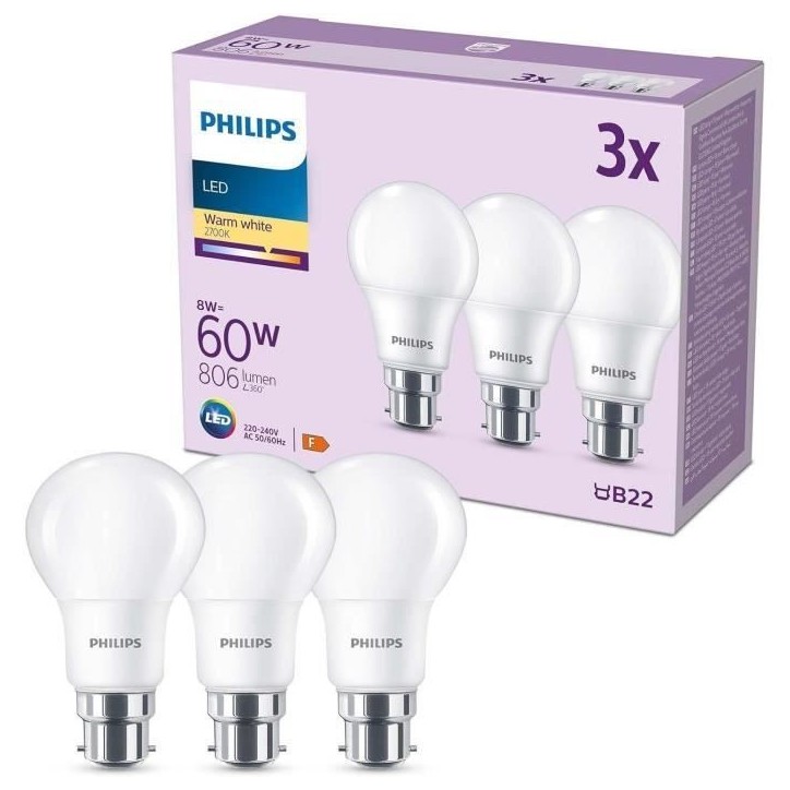 Ampoule LED - PHILIPS - 60 W - B22 - Blanc chaud - Dépolie - Non-Dimmable - 3 pieces Ampoule LED - PHILIPS - 60 W - B22 - Blanc chaud - Dépolie - Non-Dimmable - 3 pieces