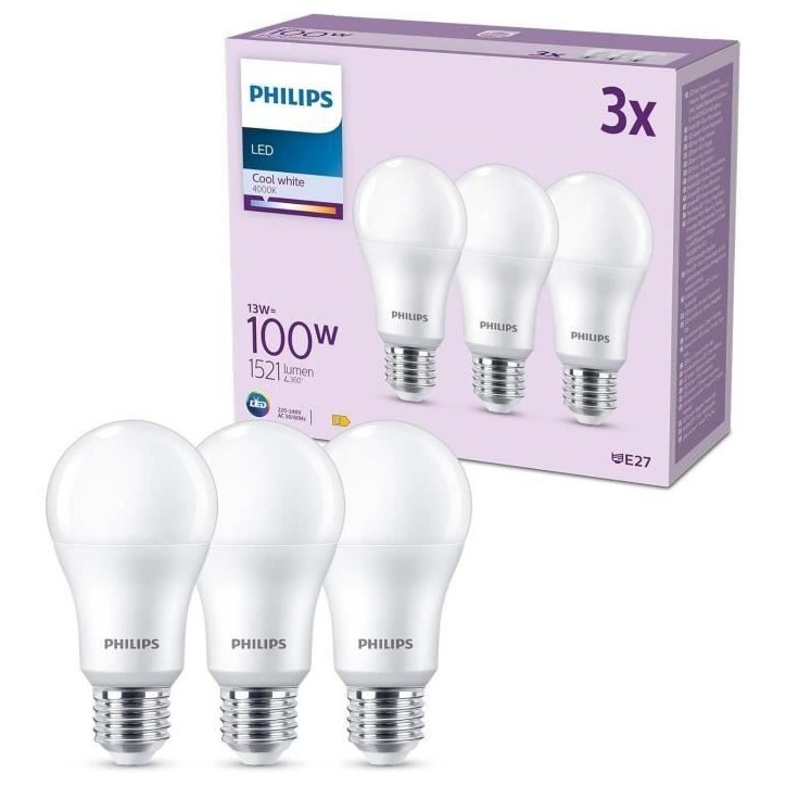 Ampoule LED - PHILIPS - 100 W - A67 E27 - Blanc froid - Non dimmable x 3