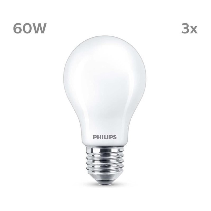 Ampoule LED - PHILIPS - Classic - 60 W - A60 E27 - Blanc chaud - Non d