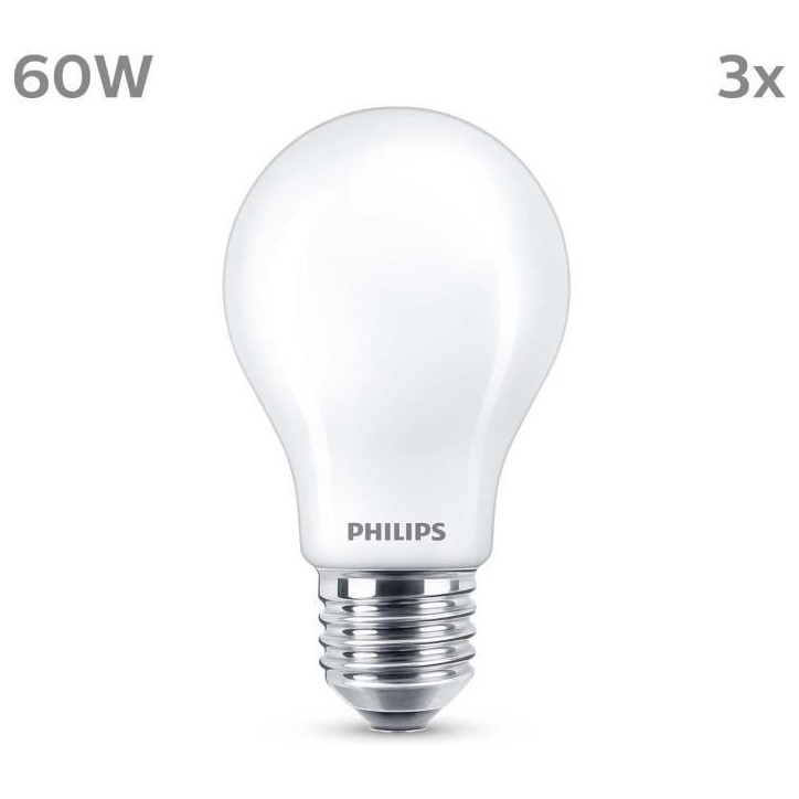 Ampoule LED - PHILIPS - Classic - 60 W - A60 E27 - Blanc chaud - Non dimmable x 3 Ampoule LED - PHILIPS - Classic - 60 W - A60 E27 - Blanc chaud - Non dimmable x 3