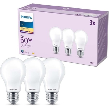 Ampoule LED - PHILIPS - Classic - 60 W - A60 E27 - Blanc chaud - Non dimmable x 3