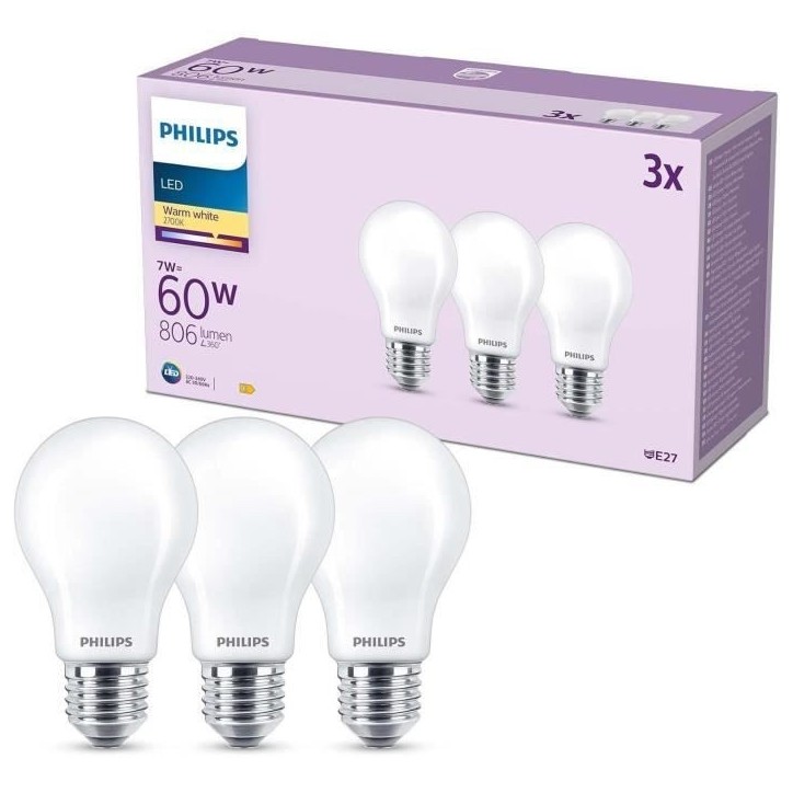 Ampoule LED - PHILIPS - Classic - 60 W - A60 E27 - Blanc chaud - Non dimmable x 3 Ampoule LED - PHILIPS - Classic - 60 W - A60 E27 - Blanc chaud - Non dimmable x 3