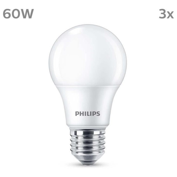 Ampoule LED - PHILIPS - 60 W - E27 - Blanc chaud - Dépolie - Non-Dimmable - 3 pieces Ampoule LED - PHILIPS - 60 W - E27 - Blanc chaud - Dépolie - Non-Dimmable - 3 pieces