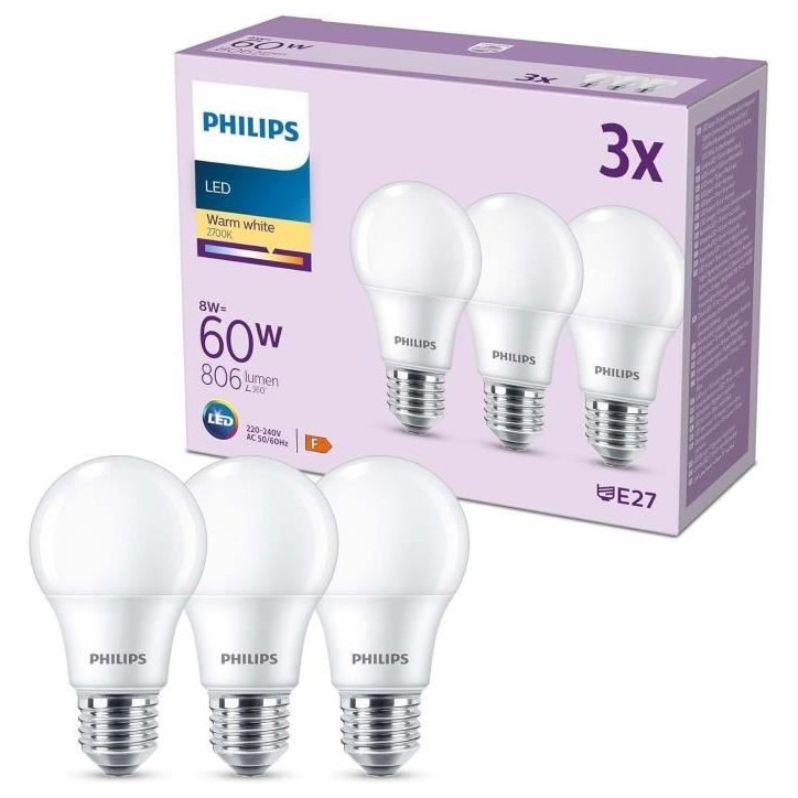 Ampoule LED - PHILIPS - 60 W - E27 - Blanc chaud - Dépolie - Non-Dimmable - 3 pieces Ampoule LED - PHILIPS - 60 W - E27 - Blanc chaud - Dépolie - Non-Dimmable - 3 pieces