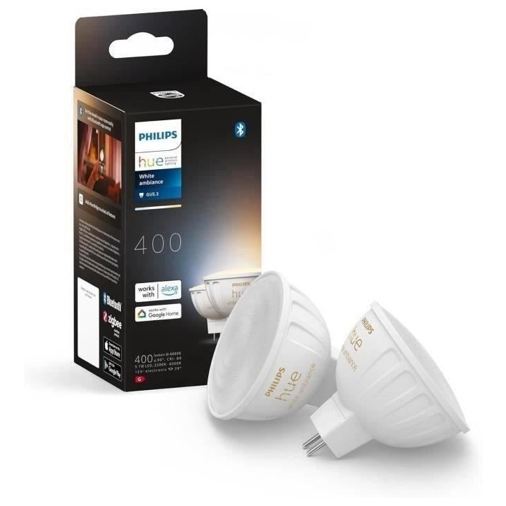 Ampoule connectée - PHILIPS HUE - MR16 - Lumiere blanche - Compatible bluetooth - Lot de 2 - Fonctionne avec App et voix Ampoule connectée - PHILIPS HUE - MR16 - Lumiere blanche - Compatible bluetooth - Lot de 2 - Fonctionne avec App et voix