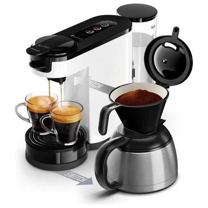 Machine a café 2 en 1 SENSEO Switch Philips HD6592/05, 2 en 1 avec filtre et dosette, Verseuse isotherme, Crema plus Machine a café 2 en 1 SENSEO Switch Philips HD6592/05, 2 en 1 avec filtre et dosette, Verseuse isotherme, Crema plus