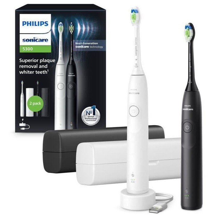 Brosse a dents - PHILIPS - HX7109/01 - Sonicare - Double manche Serie 5300 - Blanc & Noir - Eléctrique Brosse a dents - PHILIPS - HX7109/01 - Sonicare - Double manche Serie 5300 - Blanc & Noir - Eléctrique
