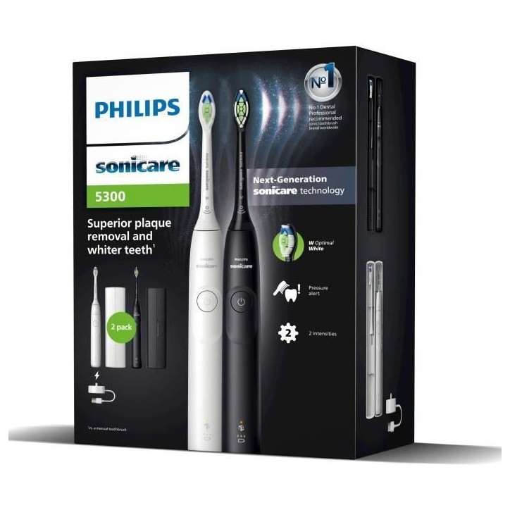 Brosse a dents - PHILIPS - HX7109/01 - Sonicare - Double manche Serie 5300 - Blanc & Noir - Eléctrique Brosse a dents - PHILIPS - HX7109/01 - Sonicare - Double manche Serie 5300 - Blanc & Noir - Eléctrique