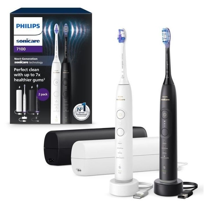 Brosse a dents - PHILIPS - HX7429/02 - Sonicare - Double manche Serie 7100 - Blanc & Noir - Eléctrique Brosse a dents - PHILIPS - HX7429/02 - Sonicare - Double manche Serie 7100 - Blanc & Noir - Eléctrique