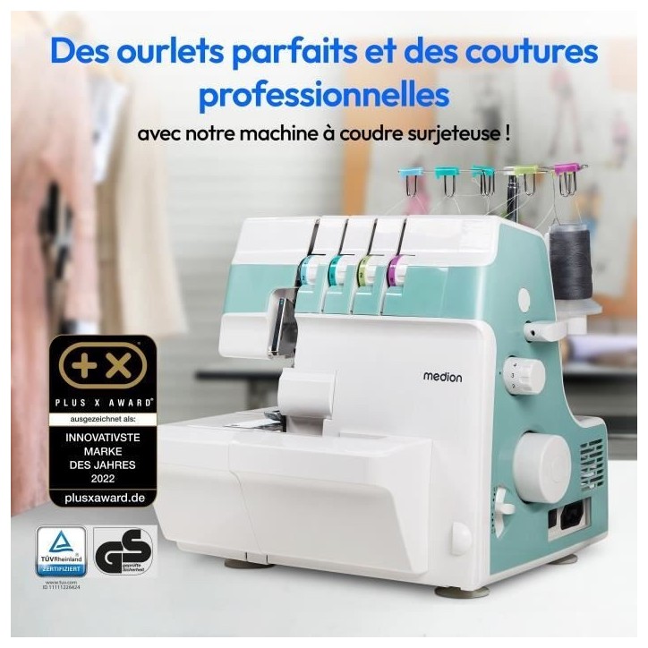 Surjeteuse - MEDION - SO 90 - 91W - Type d'aiguille 11, 14, 16 - 1200 tr/min - LED - Turquoise