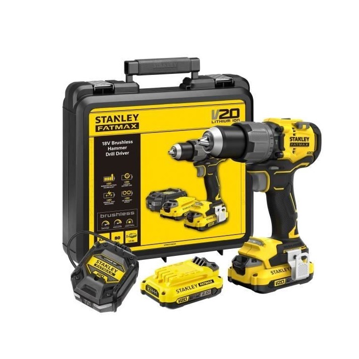Perceuse visseuse a percussion sans fil + 2 batteries 2Ah + chargeur - 18V - Stanley Fatmax - Brushless - SFMCD725D2K-QW Perceuse visseuse a percussion sans fil + 2 batteries 2Ah + chargeur - 18V - Stanley Fatmax - Brushless - SFMCD725D2K-QW