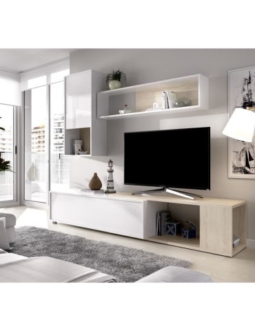 Meuble TV extensible - Classique - Panneau de particules revetement mélaminé - Chene naturel et blanc - L 230 x P 41 x H 180 c