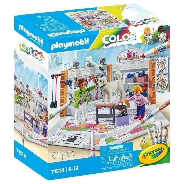 PLAYMOBIL Color 71514 Salon de toilettage, Crayons Crayola pour dessiner sur les personnages, 61 pieces, Des 5 ans