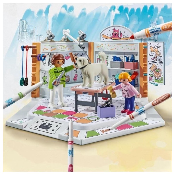 PLAYMOBIL Color 71514 Salon de toilettage, Crayons Crayola pour dessiner sur les personnages, 61 pieces, Des 5 ans
