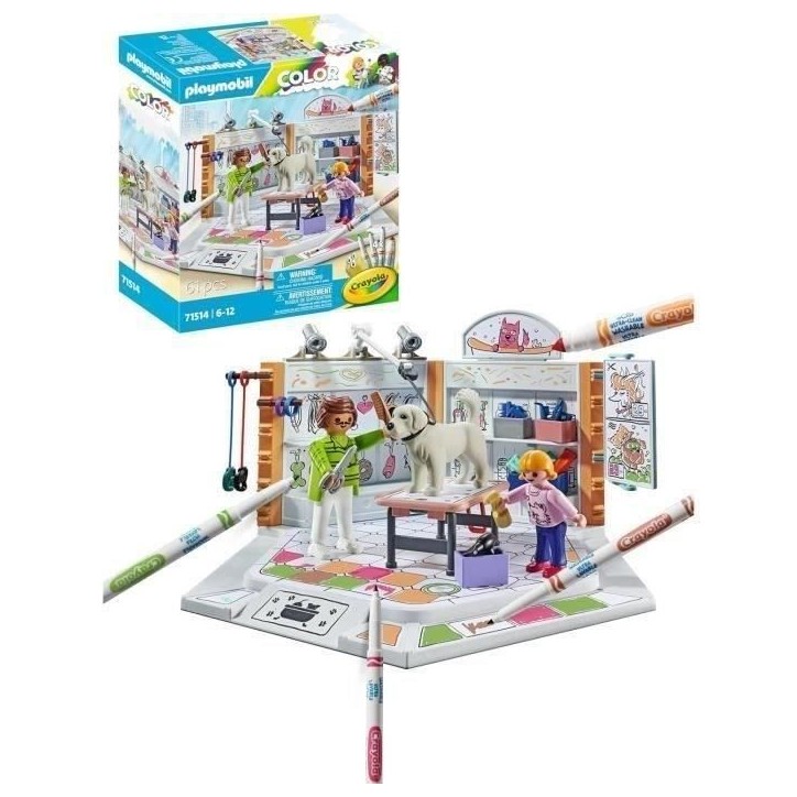 PLAYMOBIL Color 71514 Salon de toilettage, Crayons Crayola pour dessiner sur les personnages, 61 pieces, Des 5 ans