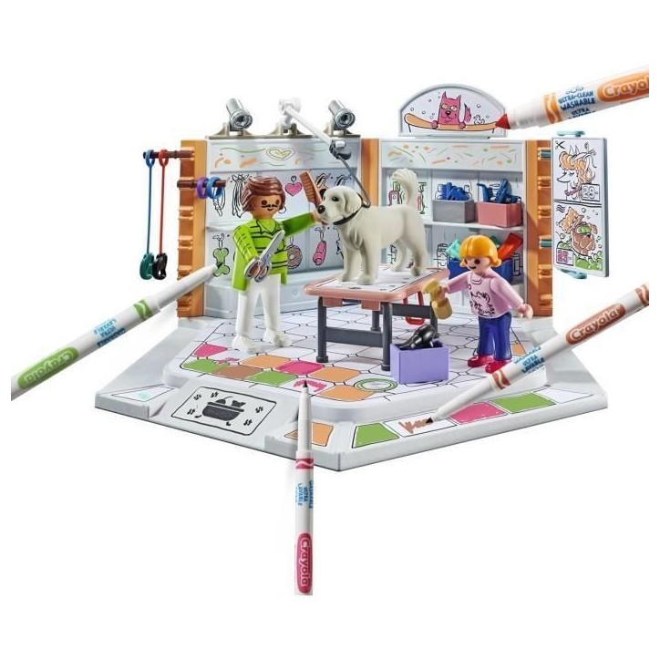 PLAYMOBIL Color 71514 Salon de toilettage, Crayons Crayola pour dessiner sur les personnages, 61 pieces, Des 5 ans