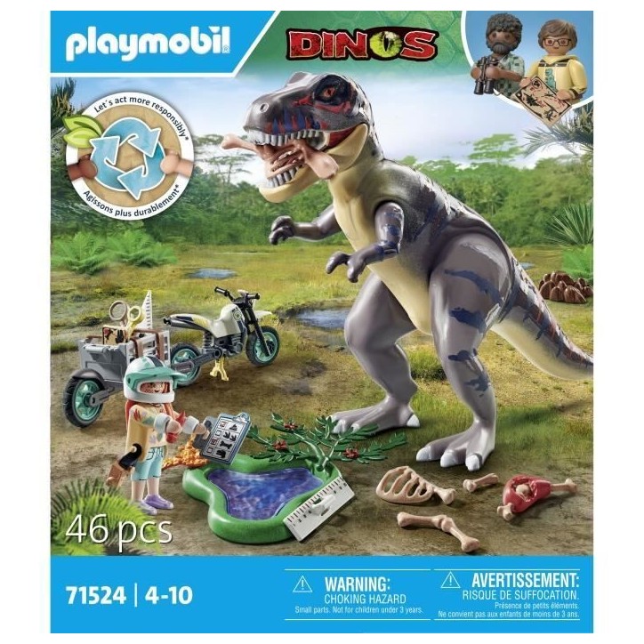 PLAYMOBIL 71524 Explorateur avec moto et tyrannosaure, Dinos, 46 pieces, Des 4 ans