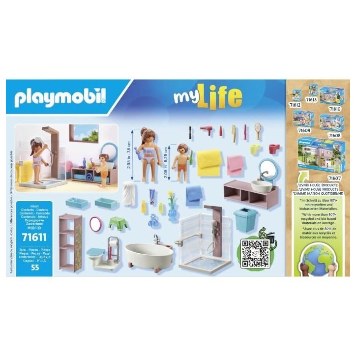 PLAYMOBIL 71611 Salle de bains avec douche et baignoire, My Life, Maison d'architecte, 55 pieces, Des 4 ans