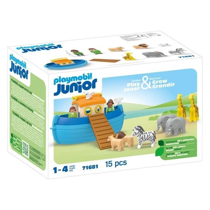 PLAYMOBIL Junior 71681 Arche de Noé transportable, 15 pieces, Comprend un bateau flottant et animaux, Des 1 an