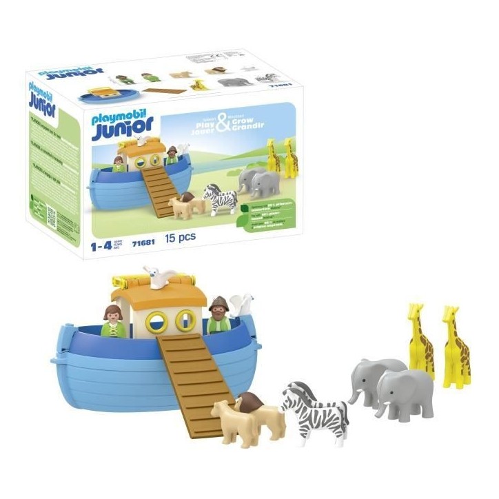 PLAYMOBIL Junior 71681 Arche de Noé transportable, 15 pieces, Comprend un bateau flottant et animaux, Des 1 an