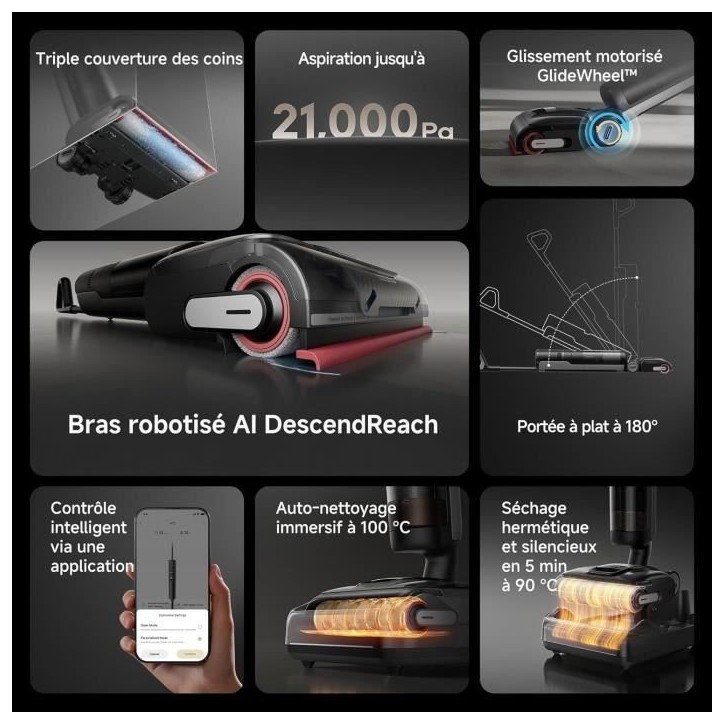 DREAME H15 Pro Aspirateur Laveur, Bras robotis AI DescendReach, Triple arte, 21 kPa, antinuds, Lavage Brosse immersif 100C DREAME H15 Pro Aspirateur Laveur, Bras robotis AI DescendReach, Triple arte, 21 kPa, antinuds, Lavage Brosse immersif 100C