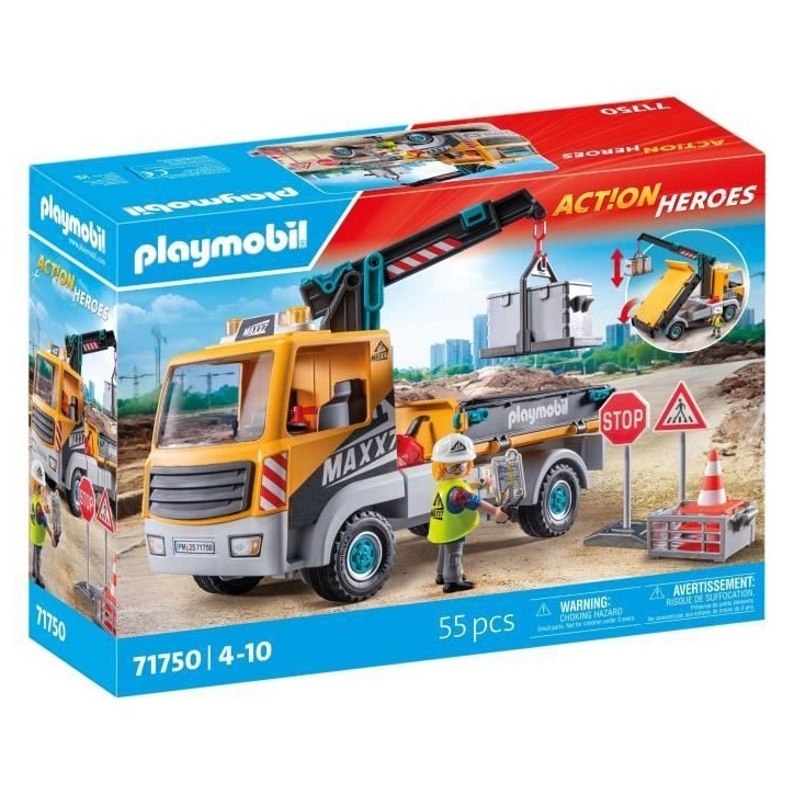 PLAYMOBIL 71750 Camion de chantier avec grue, ouvrier & accessoires, Action Heroes, La construction, 55 pieces, Des 4 ans
