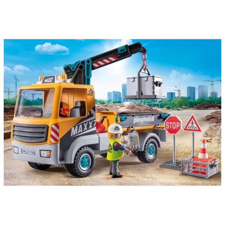 PLAYMOBIL 71750 Camion de chantier avec grue, ouvrier & accessoires, Action Heroes, La construction, 55 pieces, Des 4 ans