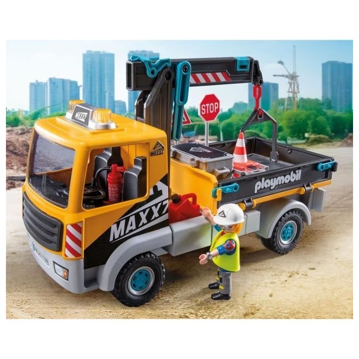 PLAYMOBIL 71750 Camion de chantier avec grue, ouvrier & accessoires, Action Heroes, La construction, 55 pieces, Des 4 ans