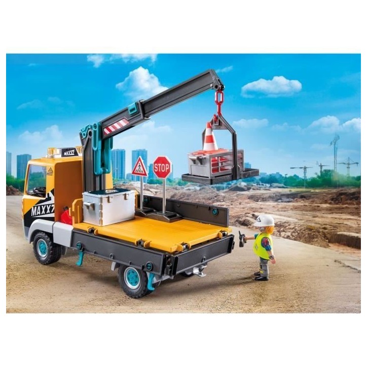 PLAYMOBIL 71750 Camion de chantier avec grue, ouvrier & accessoires, Action Heroes, La construction, 55 pieces, Des 4 ans