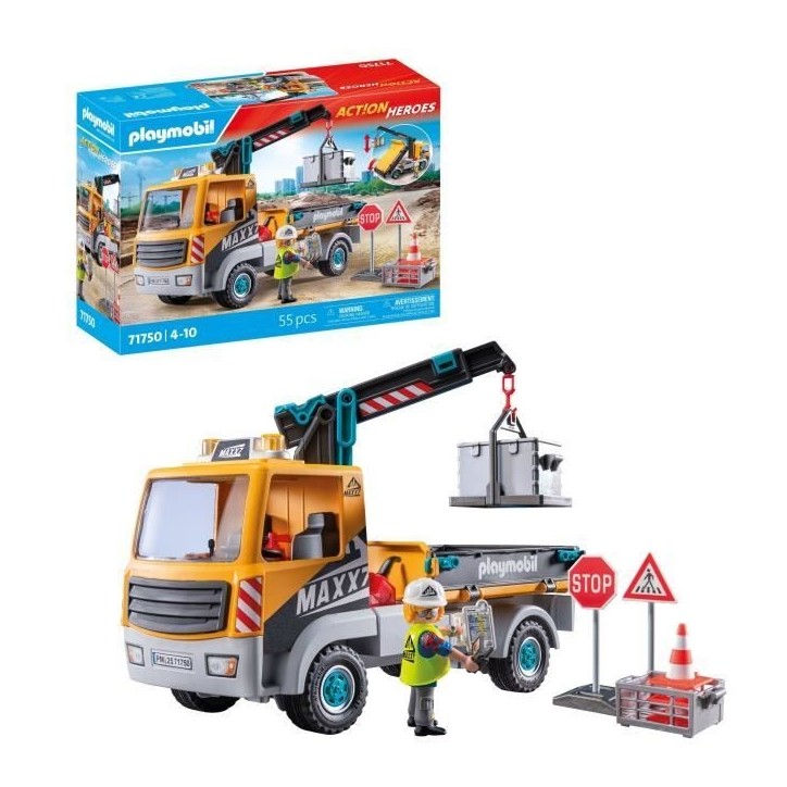 PLAYMOBIL 71750 Camion de chantier avec grue, ouvrier & accessoires, Action Heroes, La construction, 55 pieces, Des 4 ans