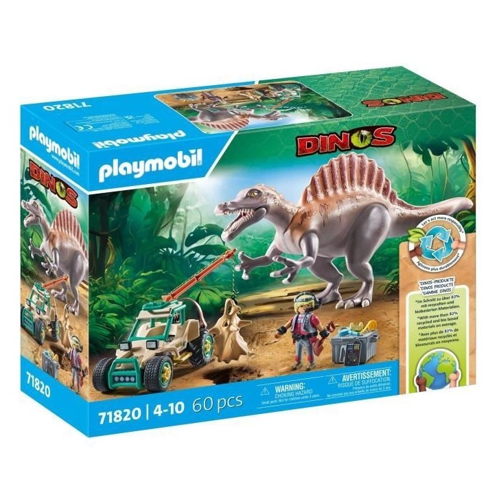 PLAYMOBIL 71820 Spinosaure, chercheur et véhicule a grue pivotante, Dinos, 60 pieces, Des 4 ans