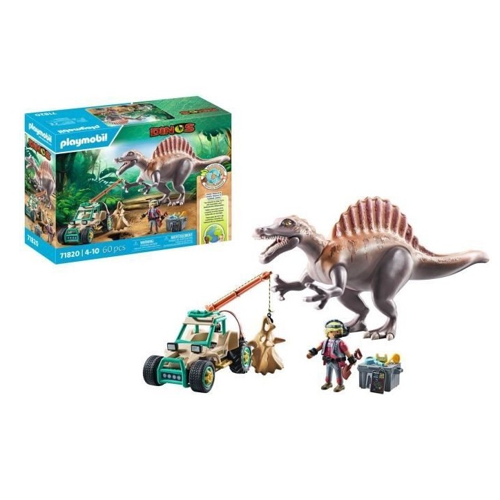 PLAYMOBIL 71820 Spinosaure, chercheur et véhicule a grue pivotante, Dinos, 60 pieces, Des 4 ans