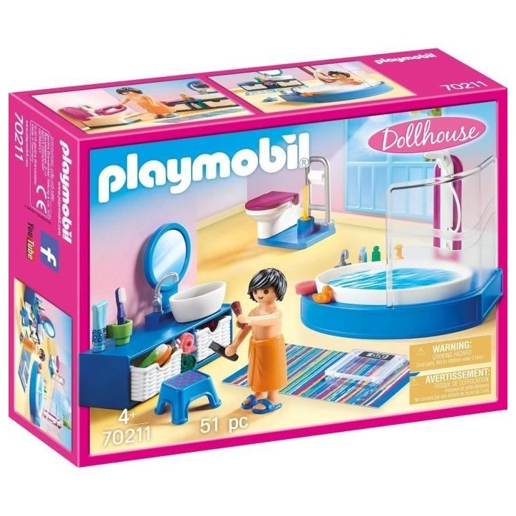 PLAYMOBIL 70211 Salle de bain avec baignoire, Dollhouse La Maison Traditionnelle, 51 pieces, Des 4 ans PLAYMOBIL 70211 Salle de bain avec baignoire, Dollhouse La Maison Traditionnelle, 51 pieces, Des 4 ans