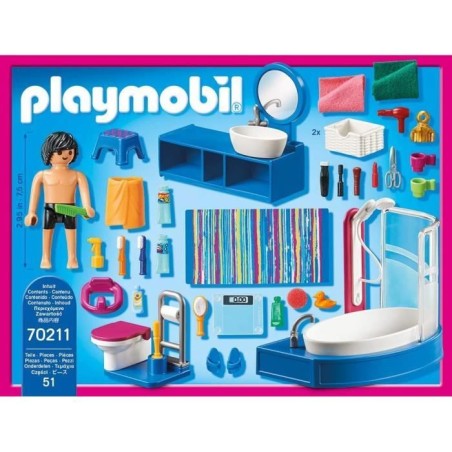 PLAYMOBIL 70211 Salle de bain avec baignoire, Dollhouse La Maison Traditionnelle, 51 pieces, Des 4 ans