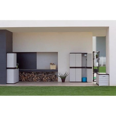 TITANIUM PLASTIKEN Armoire 2 portes avec étageres et penderie l70 x p44 x h176 cm Beige et Noire Gamme TITANIUM Intérieur/Ext