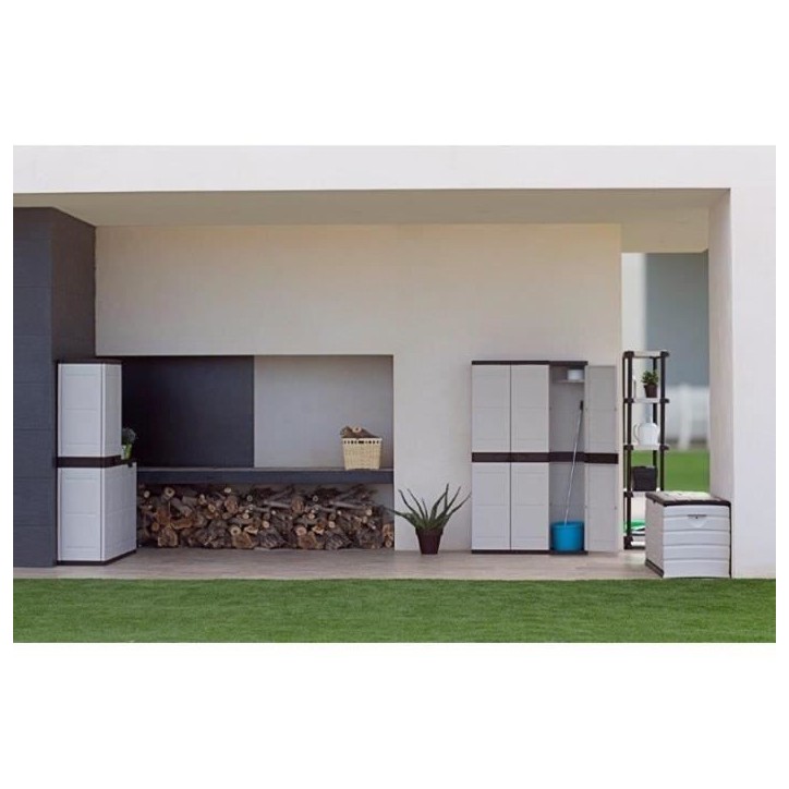 TITANIUM PLASTIKEN Armoire 2 portes avec étageres et penderie l70 x p44 x h176 cm Beige et Noire Gamme TITANIUM Intérieur/Ext TITANIUM PLASTIKEN Armoire 2 portes avec étageres et penderie l70 x p44 x h176 cm Beige et Noire Gamme TITANIUM Intérieur/Ext