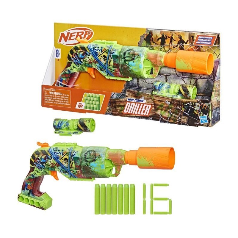 Nerf Zombie Driller, Blaster a fléchettes, cylindre rotatif, Des 8 an Nerf Zombie Driller, Blaster a fléchettes, cylindre rotatif, Des 8 an