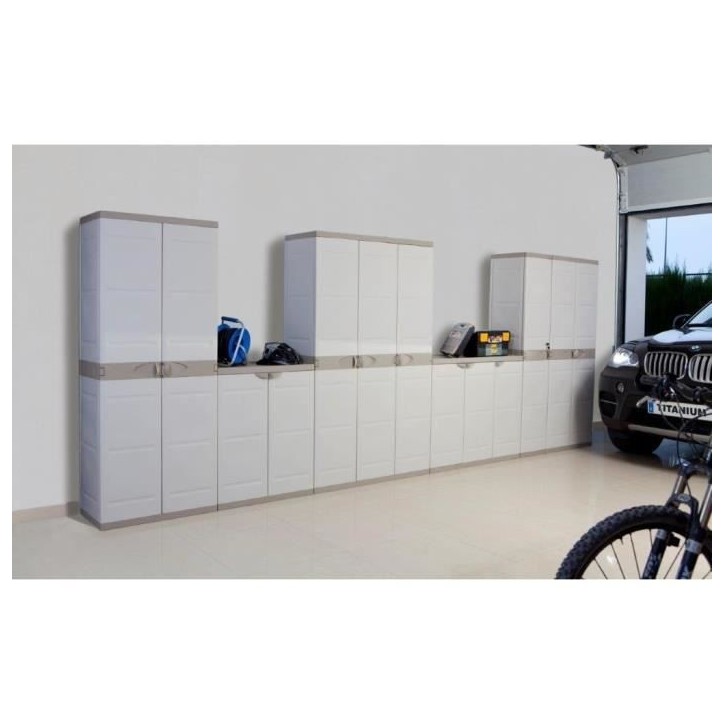 Armoire haute de rangement PLASTIKEN TITANIUM - 3 portes, étageres et penderie - Beige et Taupe Armoire haute de rangement PLASTIKEN TITANIUM - 3 portes, étageres et penderie - Beige et Taupe