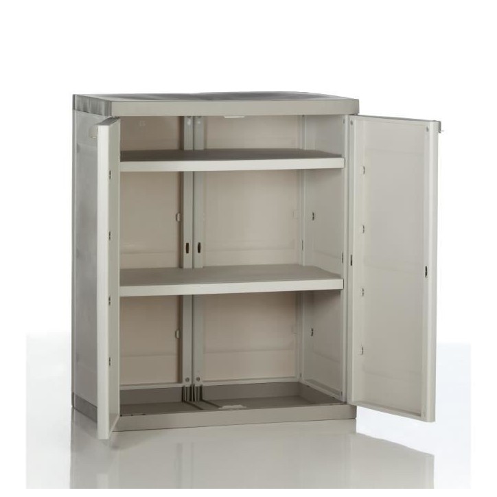 TITANIUM PLASTIKEN Armoire basse 2 portes avec étageres l70 x p44 x h88 cm Beige et Taupe Gamme TITANIUM Intérieur/Extérieur TITANIUM PLASTIKEN Armoire basse 2 portes avec étageres l70 x p44 x h88 cm Beige et Taupe Gamme TITANIUM Intérieur/Extérieur